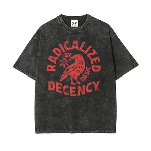 Men's Oversized Round Neck Shortsleeve T-Shirt - Soft Stretch Unisex Retro Cotton Vintage Washed Top, "Radicalized by Basic Decency" Graphic, Relaxed Casual Mensfashion Streetwear Clothes