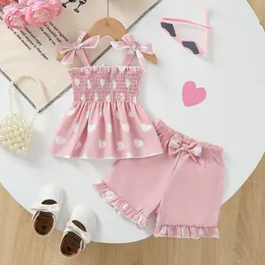 Ready Stock 6m-3y Baby Girl Summer Clothes Pink Heart Print Smocked Cami Top & Ruffled Shorts 2Pcs Adorable Outfits For Valentine's Day 42510073