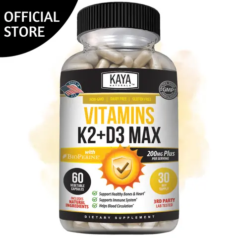 Kaya Naturals Vitamin K2D3 Capsules – with Bioperine & Calcium  – Vitamin D3 K2 Balanced Wellness Formula – Non-GMO & Gluten-Free – 60 Capsules, Health, Dietary