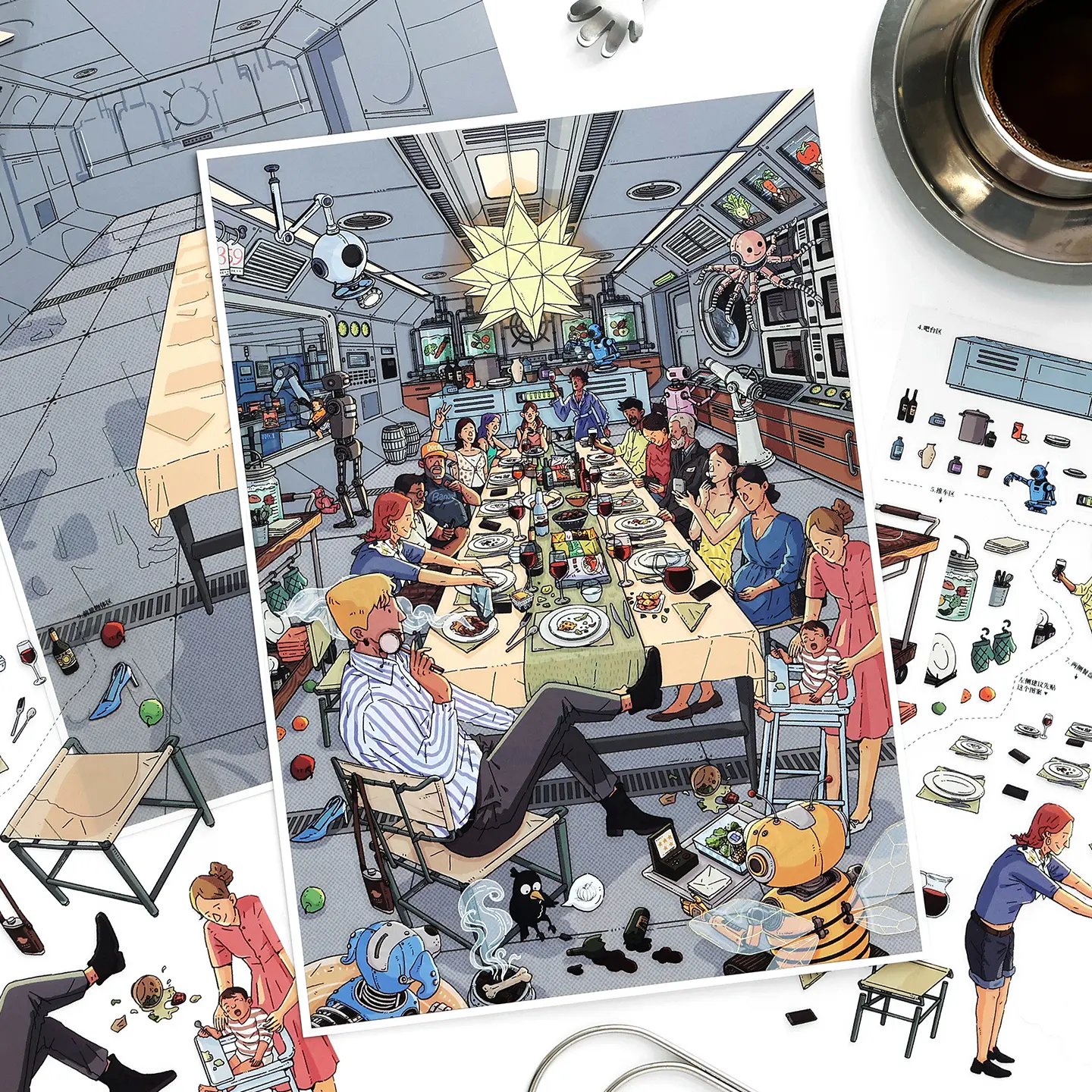 Robot Restaurant Themed Scene Stickers, DIY Scene Sticker Sets, Landscape Stickers, Stress-Relief Sticker Art