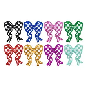 CY 8pcs Glitter Checkerboard Bow Iron On Patches Embroidered Applique for Trucker Hats Clothes Sweatshirt Jackets Bags DIY Decoration,8Colors