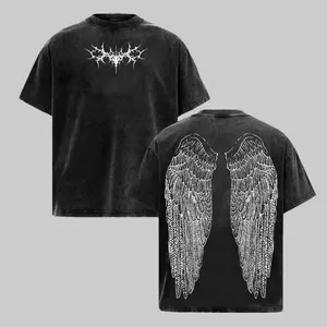 Y2K Gothic Wing Hoodie – Dark Oversized Washed Wing Graphic T-Shirt for Grunge Streetwear & Anime-Inspired Fashion