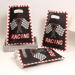 50 Racing Theme Plastic Gift Bags with Checkered Flag and Speedometer Print, Handle Design, Perfect for Car Party, Boy Birthday, Race Activities, Party Favors Assortment, Party Gifts