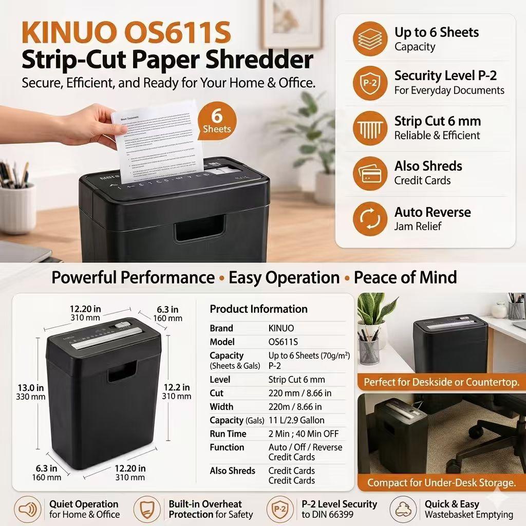 KINUO 6-Sheet Paper Shredder, P2 Security Strip-Cut Shredder with Anti-Jam System, Portable Office Home Shredder KINUO 6-Sheet Paper Shredder, P2 Security Strip-Cut Shredder with Anti-Jam System, Portable Office Home Shredder