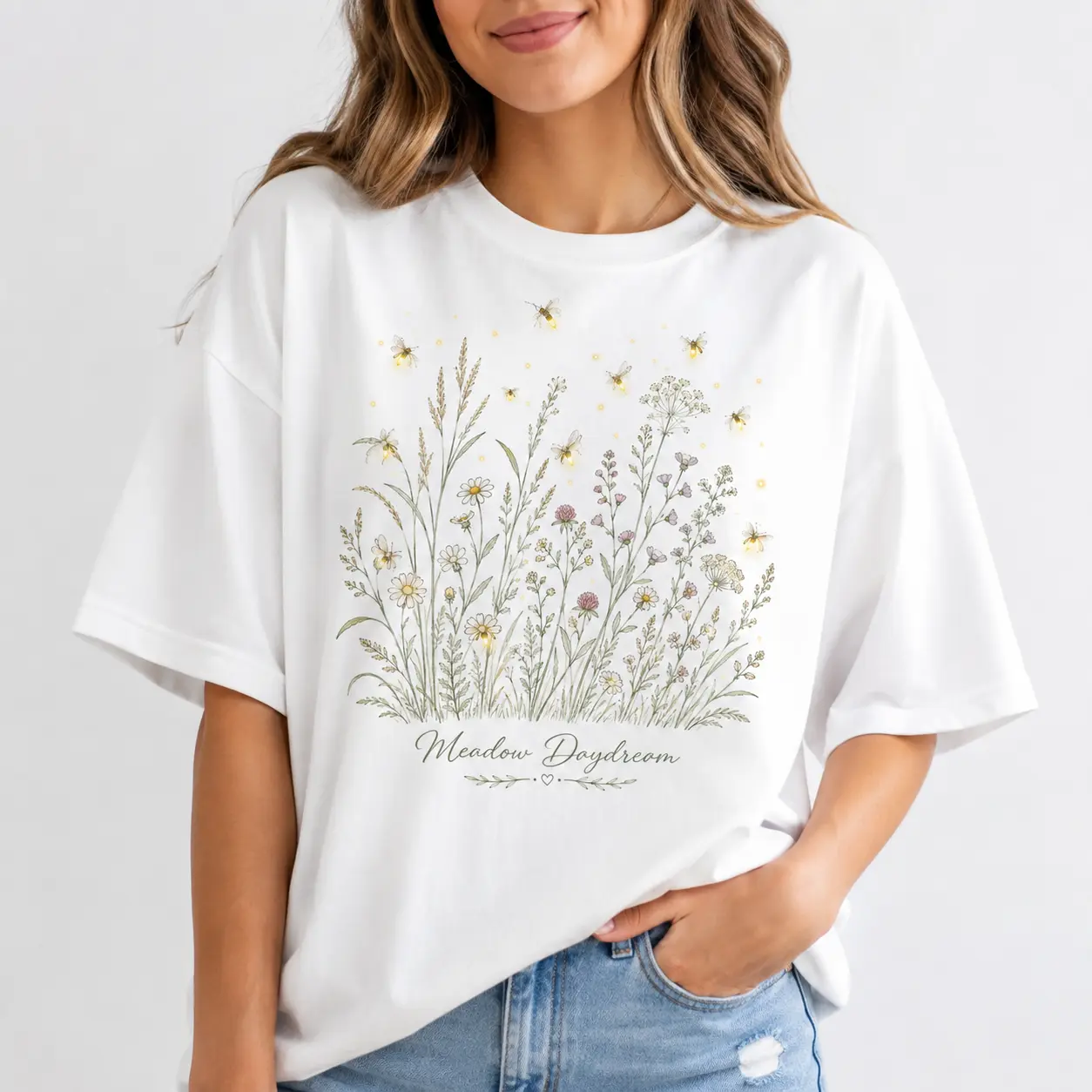[100% Cotton] Meadow Daydream T-Shirt, Delicate Wildflower Graphic Tee with Fireflies, Meadow Daydream Oversized Shirt for Women, Soft Botanical Tshirt for Casual Summer Wear, Cottagecore Outfit and Mother's Day Gift
