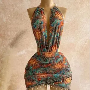 this sexy metal decor halter ruched backless mini dress Vneck Summer Womenswear