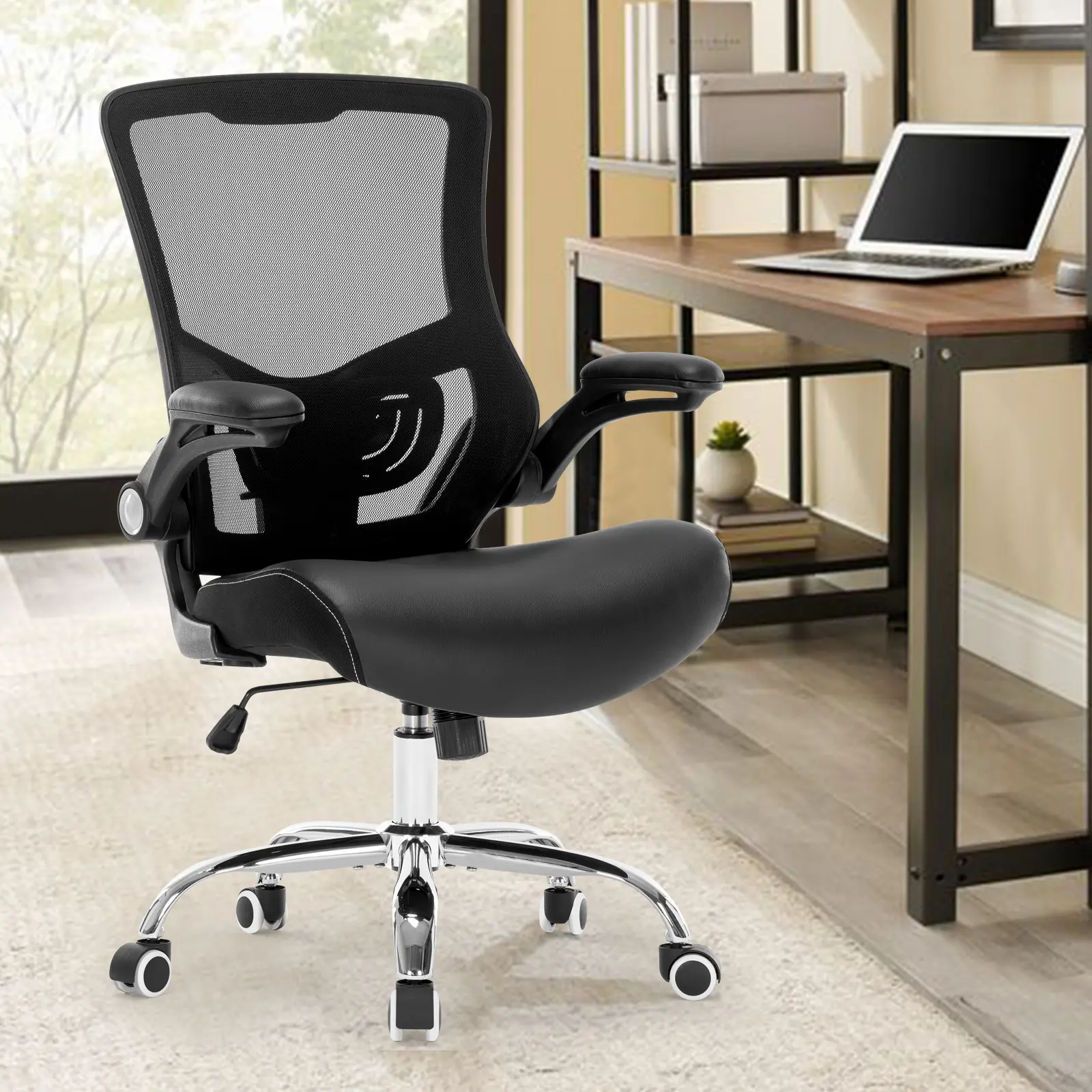 Office Chair Ergonomic Desk Chair with PU Leather Cushion Home Office Desk Chair, Computer Task Chair with Adjustable Lumbar Support & Flip-up Arms Swivel Mesh Back Executive Chair Adjustable Lumbar
