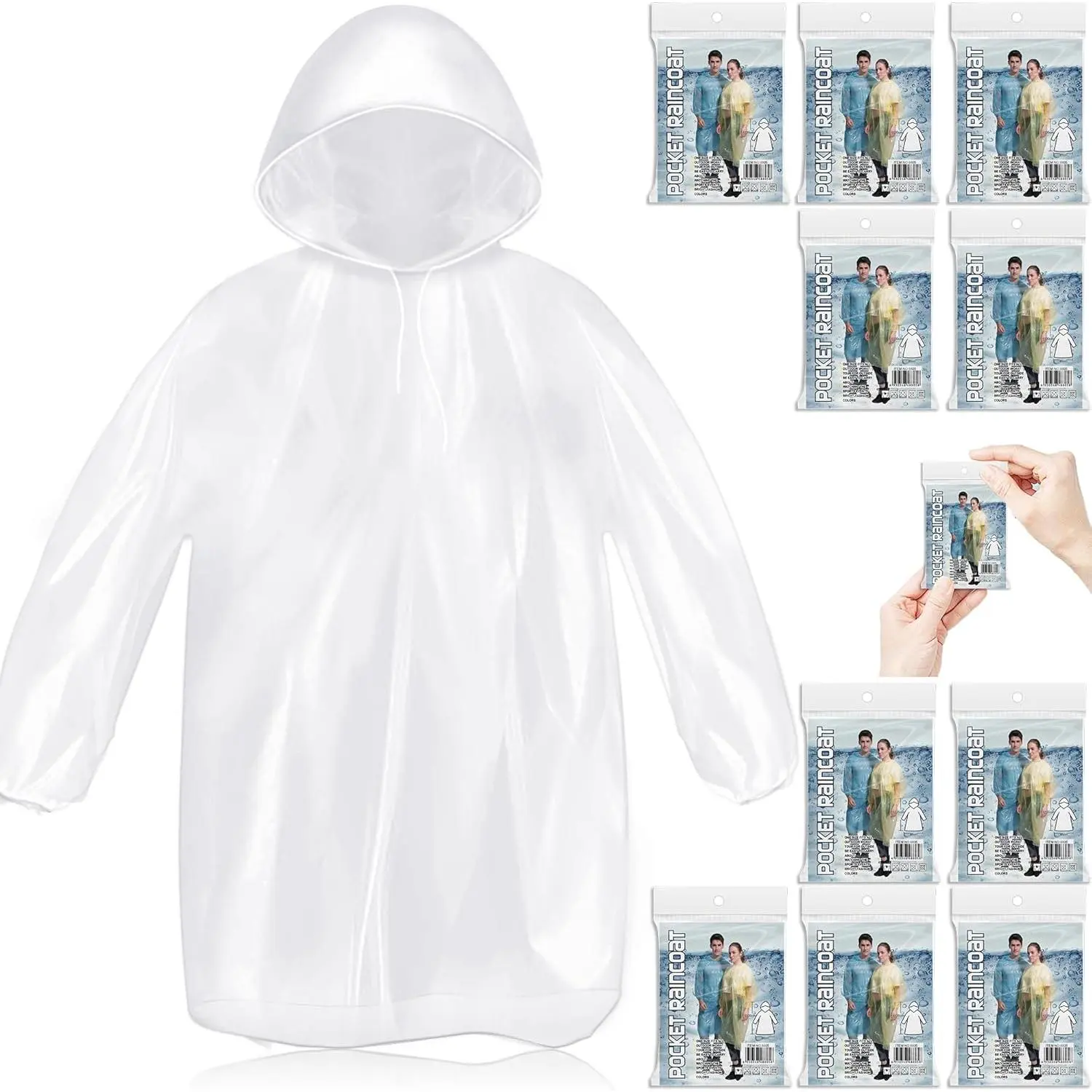 10-Pack Disposable Hooded Solid Rain Ponchos for Adults, Card-Sized Emergency Rain Protection Family Pack for Travel