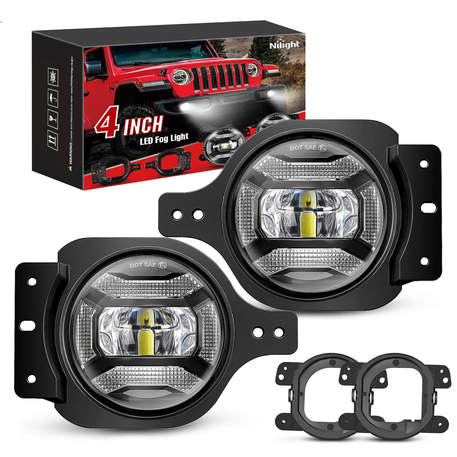 Nilight 4in Aftermarket Glass Type B LED Fog Lights - Plug & Play for 2018-2023 Jeep Wrangler JL,JLU,Gladiator JT Sport,Sahara,Rubicon,MOAB, Durable Car Lighting with 2 Pairs Mounting Brackets