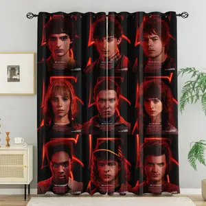 Stranger Things Decorative Blackout Curtains, Red Gothic Horror Window Treatments, Occult Symbols & Townscape Themed Grommet Drapes, Thermal Insulated Curtains for Bedroom/Living Room, 2 Panels