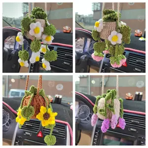 Aesthetic Handmade Crochet Basket Flower Car Pendant, Boho Rearview Mirror Hanging Charm, Creative Car Hanging Ornament Decor for Women