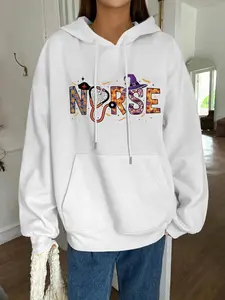 Women's Halloween & Letter Print Drop Shoulder Pajama Hoodie, Fashion Casual Drawstring Pocket Hooded Lounge Sweatshirt, Women Sleepwear for Spring Fall