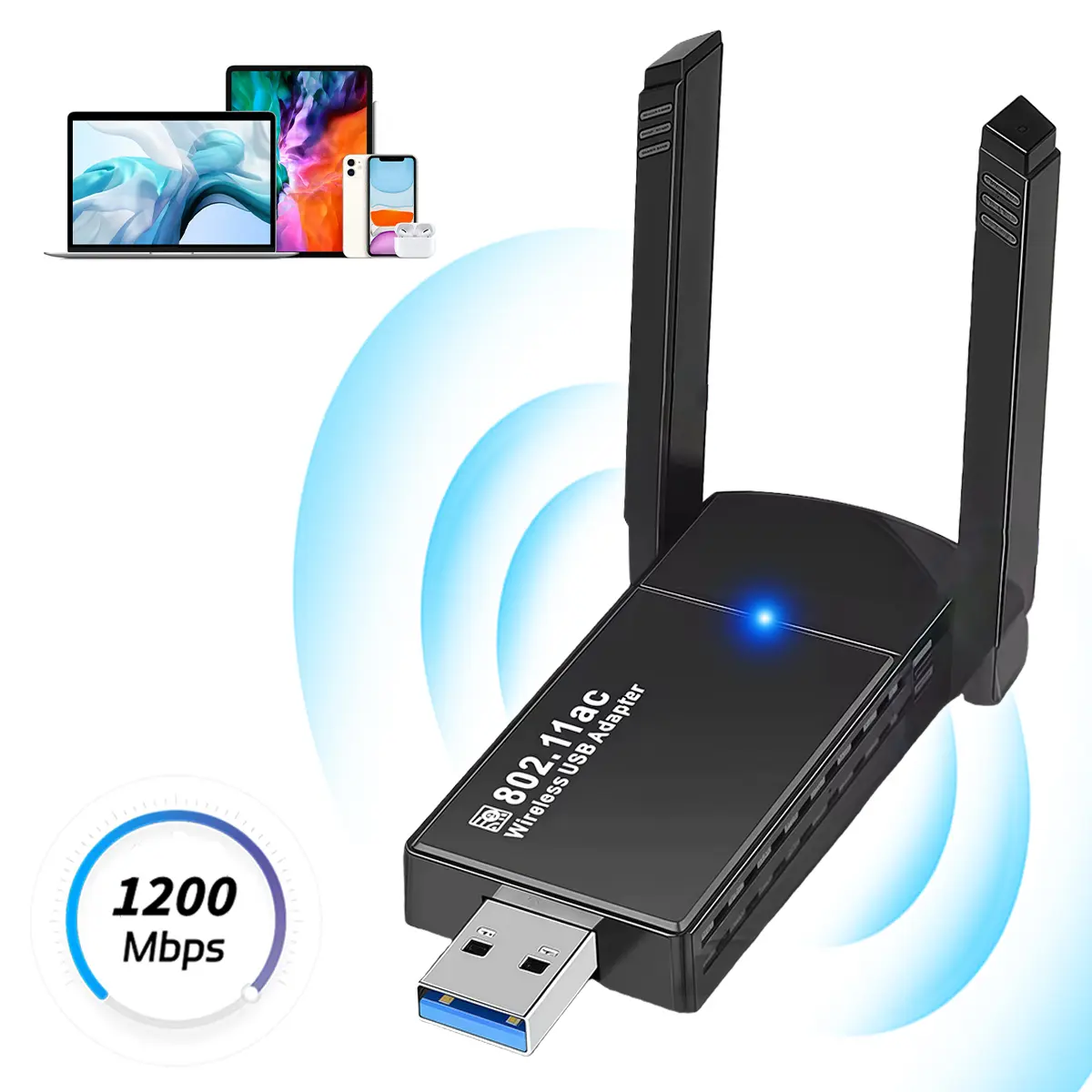 Wireless WiFi Adapter for Desktop PC Laptop, AC1300Mbps USB 3.0 Wireless Usb Adapter with Dual Antennas, 2.4GHz/5GHz Dual Band for Laptop Computer Compatible Windows11/10/7 Wireless Network Adapter For Pc, Dongle Wifi