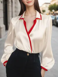 Elegant European Style Commuter, V-Neck Long Sleeve No Button Design, Patchwork Colorblock Satin Fabric, Loose Fit Top Blouse