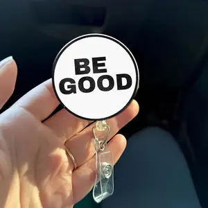 Be Good Minimalist Badge Reel, Black White Acrylic Retractable ID Holder, Simple Positive Quote Work Badge WZO