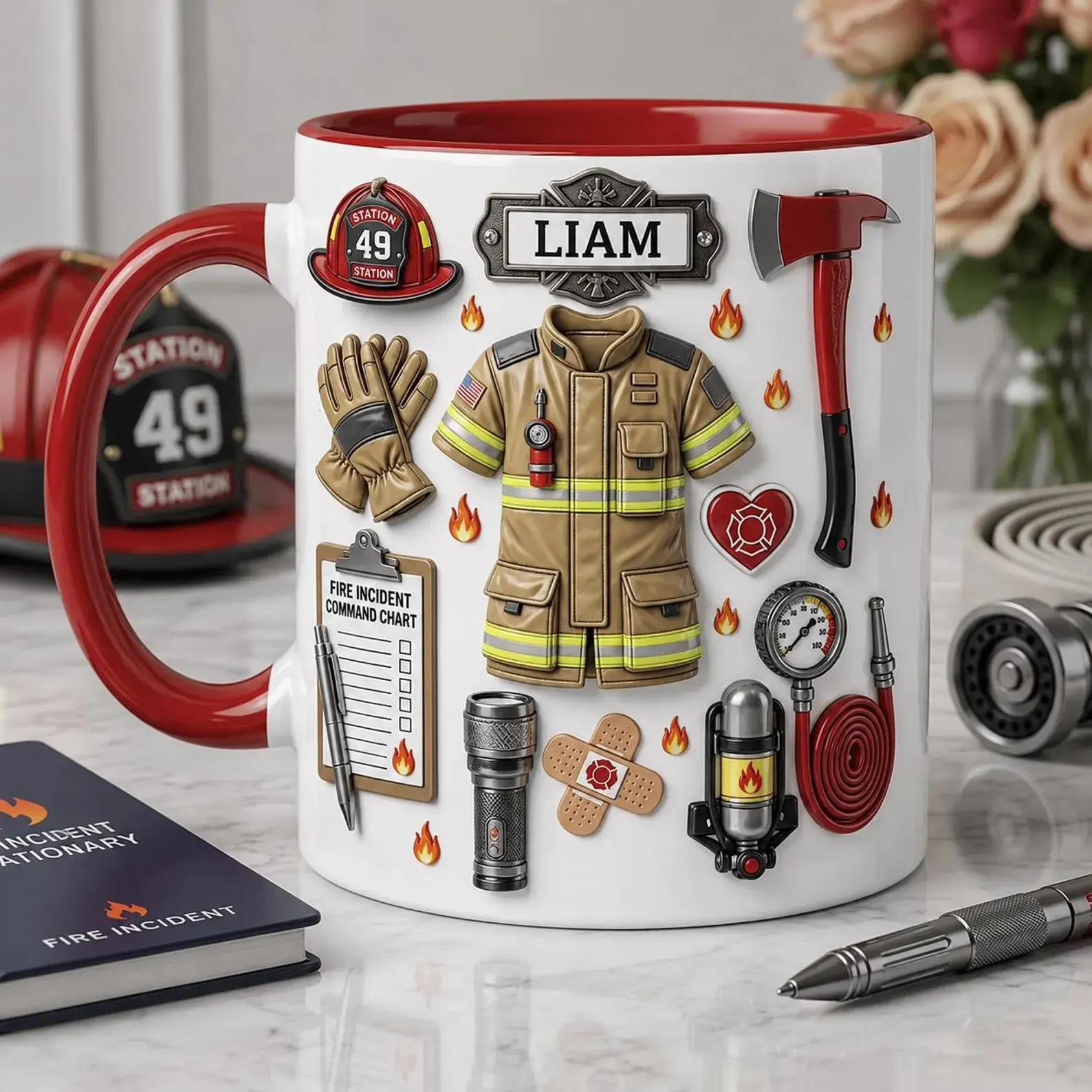 Personalized Firefighter Faux 3D Mug with Name, Firefighter Dad 2D Flat Print Mug, Firefighter Gift for Men, Firefighter Birthday Gift, Fathers day gift