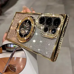 Magnetic Glitter Diamond Gradient Case For Samsung Galaxy S26 S25 S24 S23 Ultra Plus For Magsafe Stand Bling Bracket Cases Cover