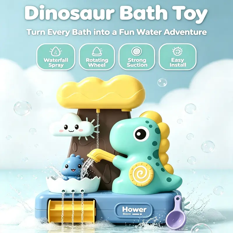 Toddlers Dinosaur Bath Toy Wall Mount Waterfall Shower Toy for Toddlers Kids Cute Dino Bathtub Sprinkle Water Play Toy with Suction Cups, Fun Bathroom Interactive Shower Game, Birthday Holiday Gift for Baby Boys Girls