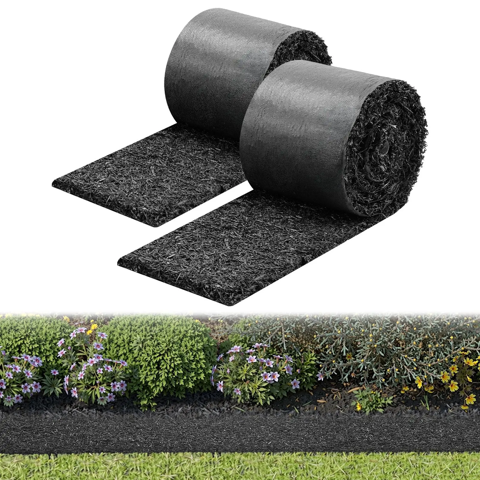Rubber Mulch Mat Roll Set For Landscaping, 2 Rolls, Each 140 X 4.5 In, Recycled Rubber Permanent Mulch Edging Border With Natural-Looking Flower Barrier And Stakes, 0.5 In Thick, Cuttable Garden Edging For Pathways And Beds