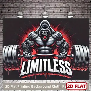 1pc 2D Flat Heavy Duty Gorilla Weightlifting Backdrop - Muscle Gym Theme Party Decorations with LIMITLESS Motivational Fitness Poster - Red & Black Weightlifting Design - Hanging Fabric Banner for