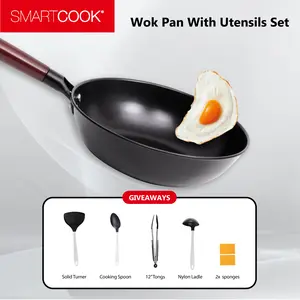 SmartCook 11" Carbon Steel Wok Pan With Utensils Set, Frying  Pan, Compatible with All Stovetops, Dishwasher Safe, Oven Safe, Stovetop Cooking, Bakelite Handle,Skillet Lightweight, Durable pots and Cookware Metal