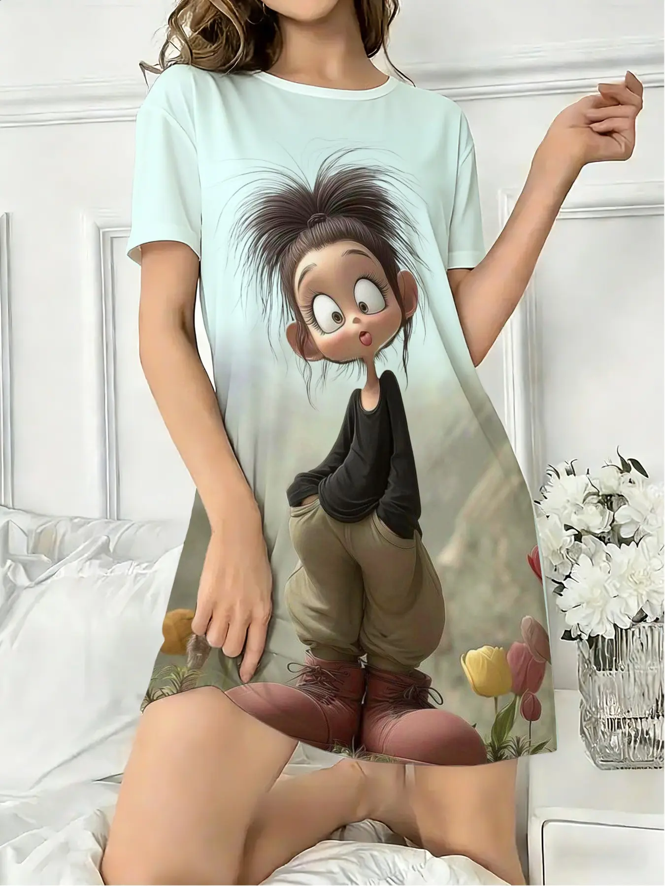Women's Round Neck Short Sleeve Fitted Sleepwear, Cozy Nightwear, Dreamy Cartoon Girl All over Print Pajamas, Casual Home Clothing for All Seasons Loungewear Pjs