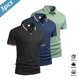 Men's Casual Three-Piece Short Sleeve Polo Shirt Set Quick-Dry Golf & Tennis Wear Comfortable Equestrian Clothing Stylish Athletic Apparel for Casual Parties Holidays Travel with Contrast Collar and Cuff Design