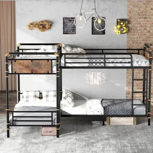Quad Bunk Bed for 4, Heavy Duty Metal Twin Size Bunk Bed Frame, Detachable Triple Bunk Bed, Can Be Divided Into 3 Twin Beds, Noise Free,Black