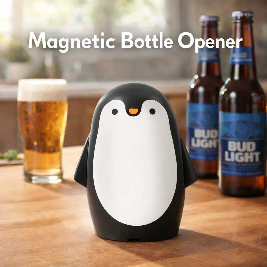 Cute Penguin Magnetic Beer Opener - 1-Handed Cap Opener with Strong Magnets, Fun Desktop Decoration, Easy-to-Use Kitchen Bar Tool for Home Parties, Gift for Beer Enthusiasts, Party