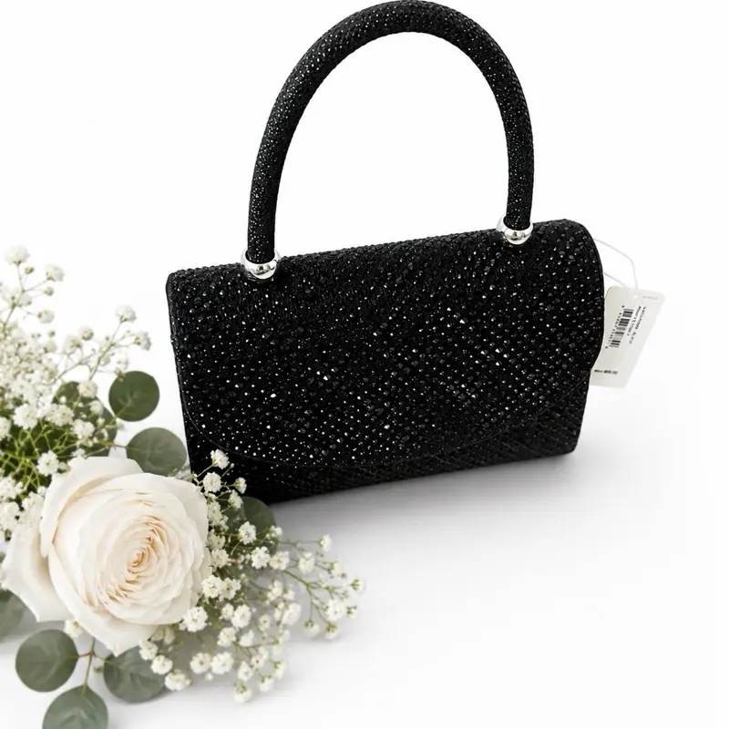 Blush Evening Kristy Black Rhinestone Clutch Purse with Chain Strap