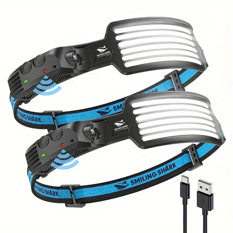 Smiling Shark Rechargeable Headlamp, 2 Pack Wide Angle 6*White Light The Brightest LED Head Lamp With Motion Sensor Headlight For Camping Hiking Outdoor, Head-Light-LED-Lamp