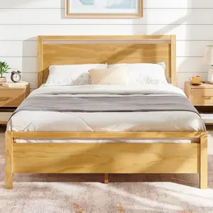 AMERLIFE Solid Wood Bed Frame with Headboard, Minimalist Platform Bed with Wooden Slats Support/No Box Spring Needed/Easy Assembly/Noise-Free