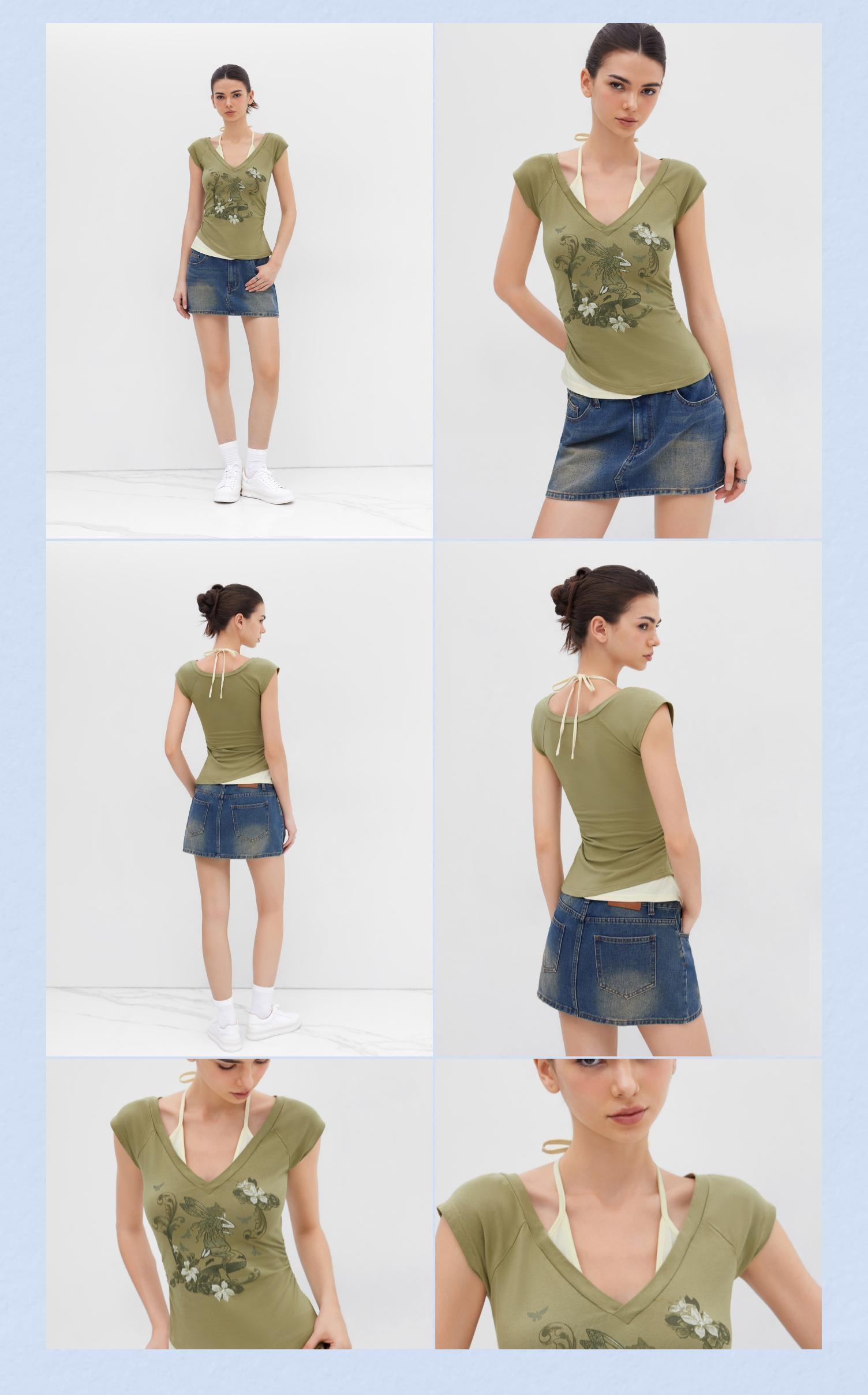 Cider Cotton-blend Halter Neckline Graphic Two Tone Ruched Top