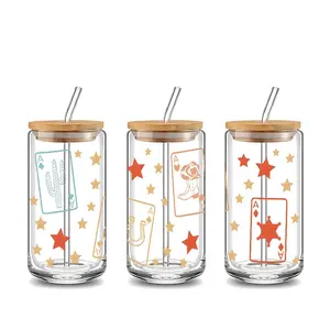Western Cowboy Cute Star Design 16oz Glass Water Cup with Lid and Straw, Bamboo Lid Reusable Gass Drinking Cup, High-Quality Glass Jar Design, Suitable for Iced Coffee, Beer, Juice, Milk, Cold Drink Glass Cups, Fashionable Glassware.