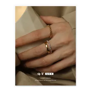 Zircon chain thin ring, simple and elegant, Korean fashion versatile trendy personalized jewelry, small cube ring