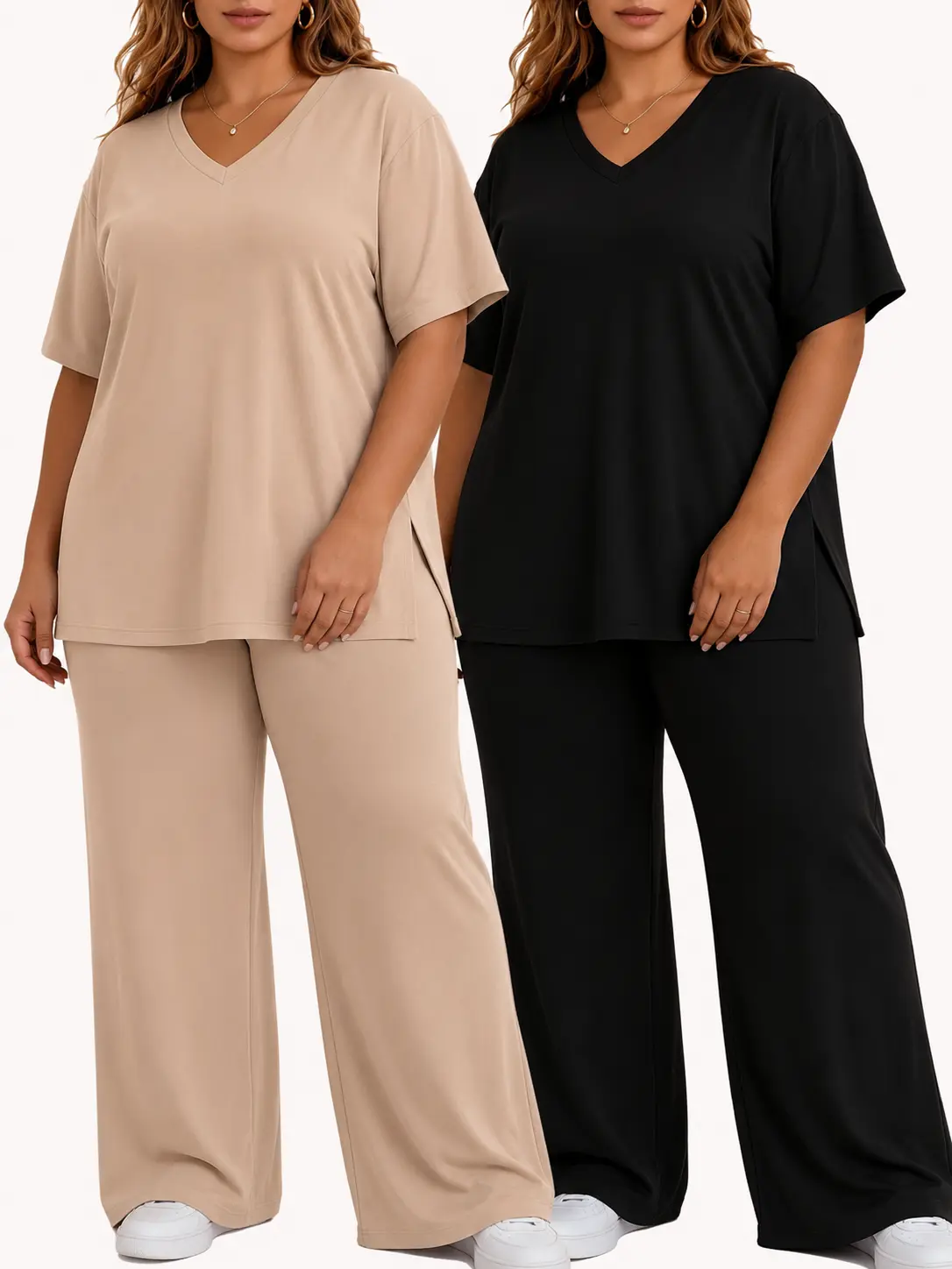 Women's Plus Size Lounge Set, 2-Piece Solid Minimalist Pajama Nightwear, Soft Stretch V-Neck Tunic and Wide Leg Pants with Pockets, Style, Matching