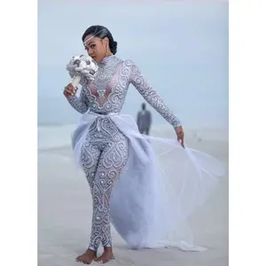 Angel CRYSTALS bodysuit with detachable train White