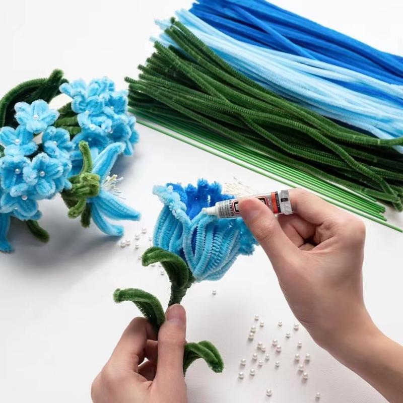Blue Pipe Cleaner Kit With 150 count Pipe Cleaners Colourful in 3 Colours(Dark Blue,Light Blue,Green),8 Pcs Green Floral Wire,40 ,40 Stamen,Floral Tape,Flower Wrapping Paper and Ribbon