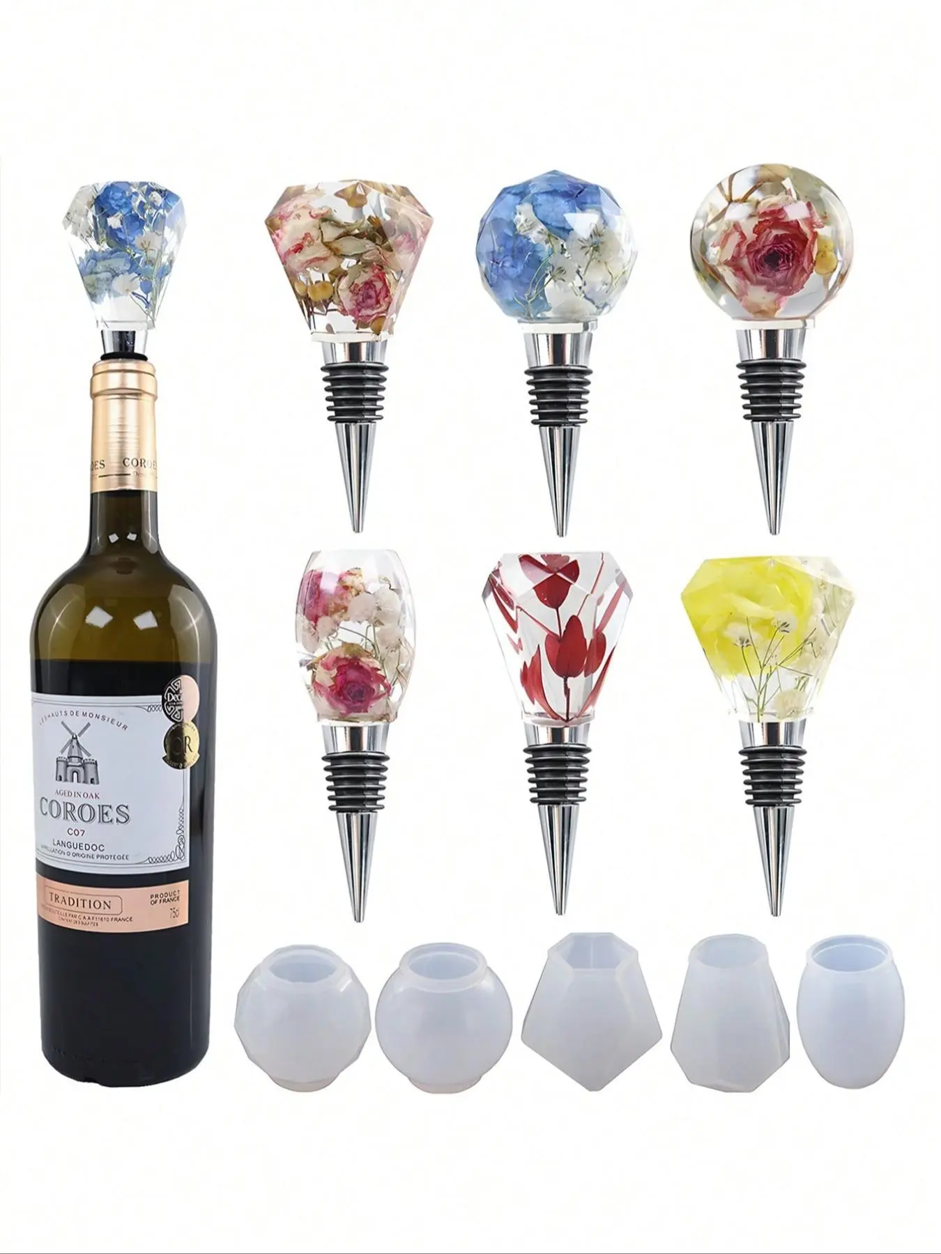 5-Piece Geometric Unique Designs Wine Bottle Stoppers, Elegant Creative DIY Crafts Crystal Wine Stopper Mold, Resin Molds, Food-Grade Silicone Material, Decorative Use
