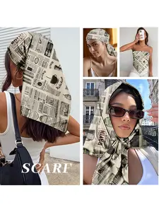Vintage Newspaper Print Satin Towel for Women, Coffee & Paris Style Headband, Beach Cover-Up, Summer Vacation Accessory