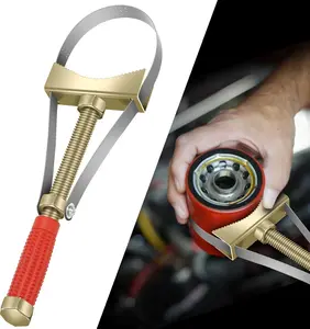 Heavy-Duty Adjustable Automotive Oil Filter Wrench Removal Tool - 3.54-5.91 in Belt Diameter, Durable Iron Structure, Red Handle for Car, Truck Repair