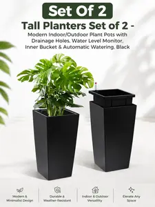 2-Pack 16-Inch Tall Rectangular Modern Planters, Indoor-Outdoor Garden Flower Pots With Drainage Holes