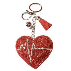 BLING Red Cardiac Charm Keychain with Tassel for Fashion Accessories Sparkling Heart Design and Rhinestone EKG Pattern