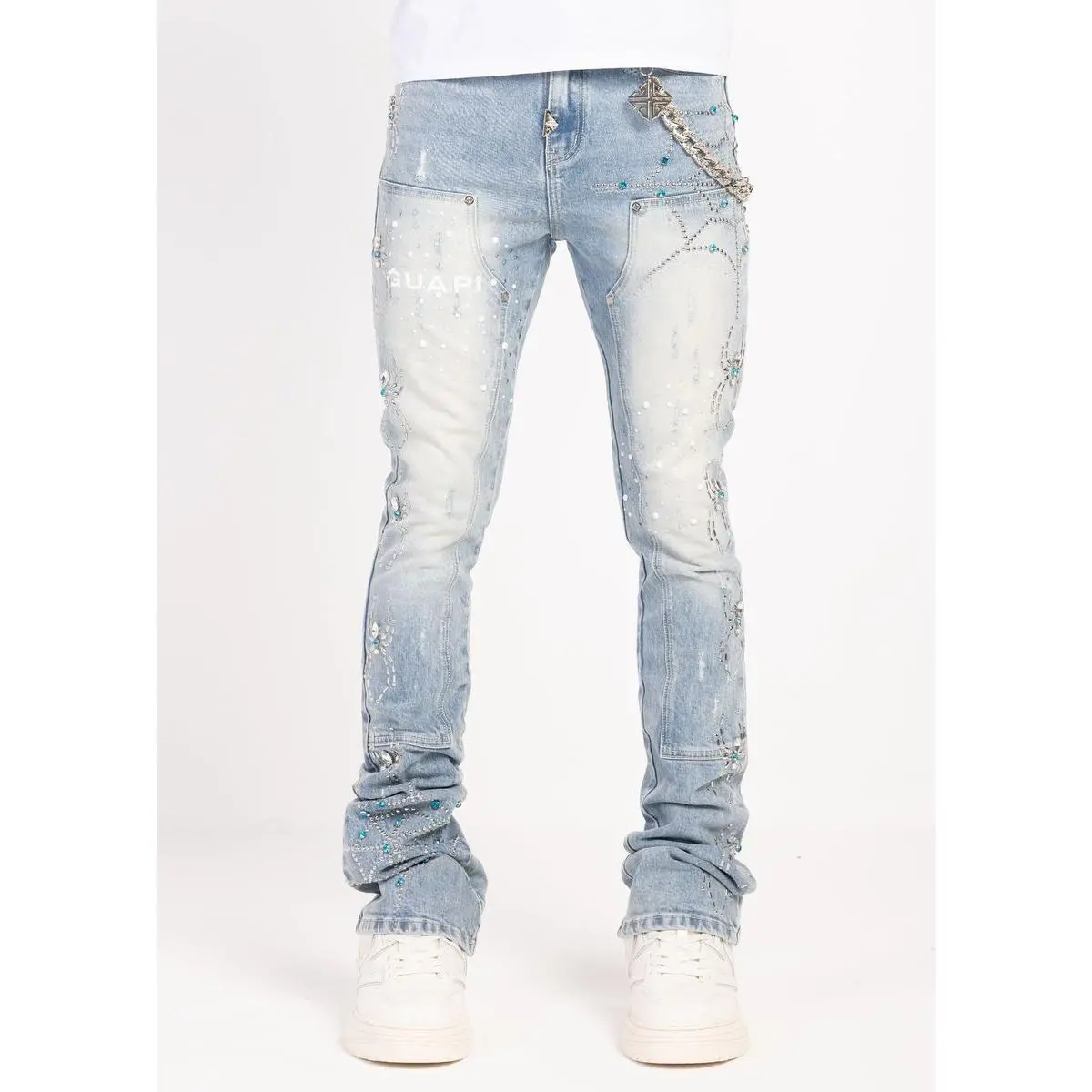 Men's Guapi 'Aqua Blue Spider' Stacked Premium Denim Pants, Menswear with Vintage Graphic Design & Functional Pocket, Blue Wash, Belt, Slim Fit, Patchwork Detail Men's Jeans, Stacked Flare Men's Jeans, Rhinestone Detail Men's Jeans