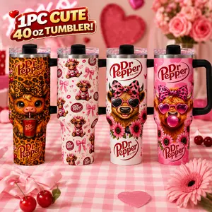 Dr Pepper Cow 40oz Tumbler with Handle & Straw Stainless Steel Vacuum Insulated Travel Mug Leakproof Reusable Cup for Hot & Cold Drinks Coffee Milk Tea Car Cup Holder Friendly Back to School Graduation Gift for Women Men