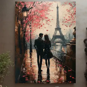 1 Piece Paris Eiffel Tower Wall Painting - Romantic Cherry Blossom Couple Painting, Handmade Canvas Print Vintage Wooden Frame, Ready-to-Hang Home Decoration, Valentine's Day Gift, Lover's Paradise Theme, 2D Flat Art, Paris Style Couple Decoration