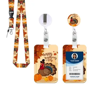 Thanksgiving Turkey ID Badge Holder Set, Fun Fall Themed Card Protector, Detachable Lanyard for Nurses Teachers Social Workers