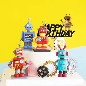 11-Piece Robot Theme Cake Decoration Set, Cyberpunk Gear Birthday Party Topper, Acrylic Cake Picks, PVC Robot Figurines for Birthdays