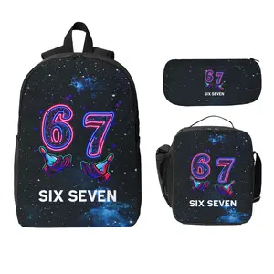 The "67" collection—a set comprising a backpack, a shoulder bag, and a storage pouch—features a neon-style "67" motif accented with hand-gesture graphics, creating a distinctive cyberpunk aesthetic. It is the ideal choice for both travel and school.