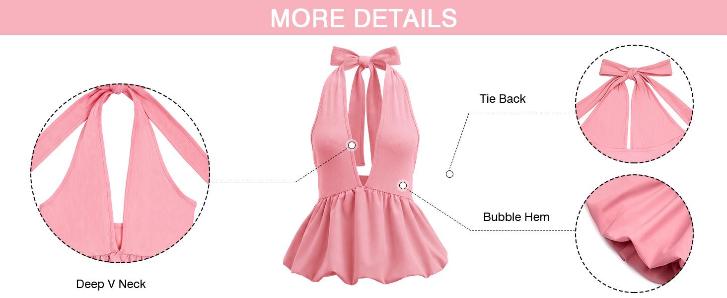 Tankaneo Womenswear Deep V Neck Halter Tank Tops Summer Trendy Casual Tie Back Sleeveless Shirts Bubble Hem Blouse Tees  Sexy Y2K streetwear